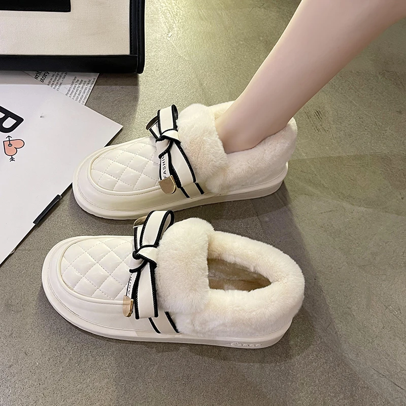 LazySeal Sweet Warm Winter Snow Boots PU Leather Shoe Women Female Plush Lining Warm Flat Heel Snow Booties Bow Knot Boots Women