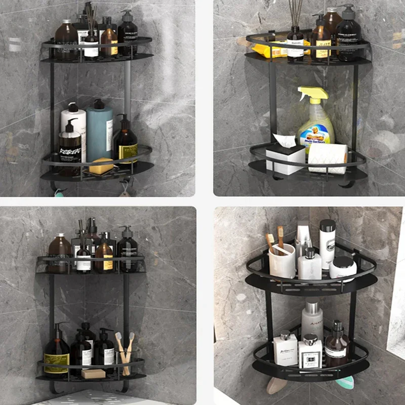 Matte Black Bathroom Corner Shelf Shower Storage Rack Aluminum Alloy Corner Triangle Basket Wall Mounted Shampoo Storage Rack