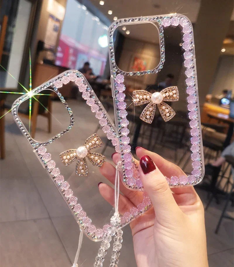 Rhinestone Pearl Bowknot Phone Case For HuaweiP30 P50 P40lite Mate30 40 For Honor8X 9X 50 60Pro Crystal Rose Flowers Clear Cover