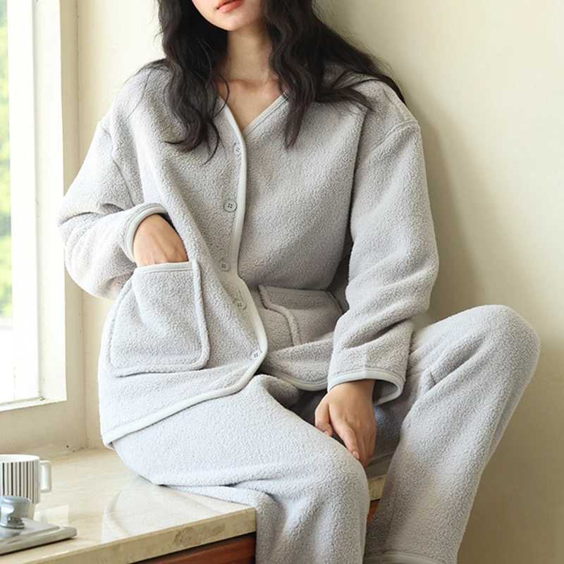 Autumn Winter Women\'s Pajamas New Button Homewear Women Solid Color Flannel Cardigan Pajamas Loose Double-sided Fleece Warm Suit