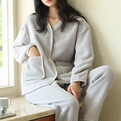 Autumn Winter Women's Pajamas New Button Homewear Women Solid Color Flannel Cardigan Pajamas Loose Double-sided Fleece Warm Suit