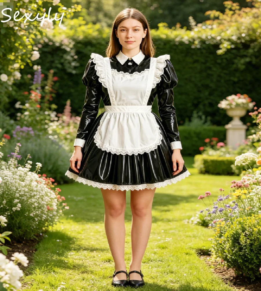 

Vintage Maid Costume Gothic Lolita Prom Dress With Apron A Line Mini Long Sleeve Halloween Cosplay Anime Evening Gown Cocktail