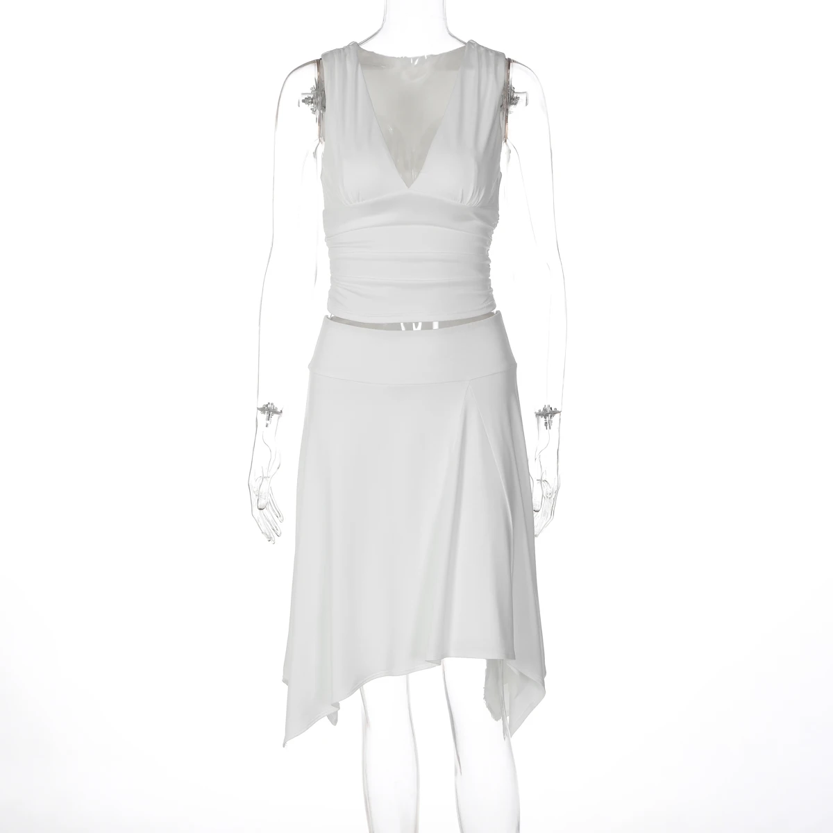 Hugcitar Fashion 2-teiliges Set, V-Ausschnitt, einfarbig, gerafftes, sexy Crop-Top, unregelmäßiger Midirock, Damen-Outfit für Strand, Urlaub, Party – Detail 2