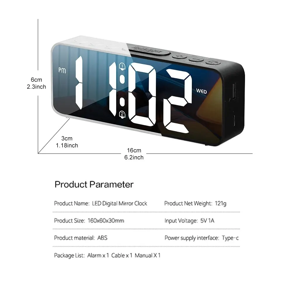 Large Digital Alarm Clock Battery Plug-in Dual-purpose Alarm Clock Type-c Interface Indoor Clock Safe and Energing