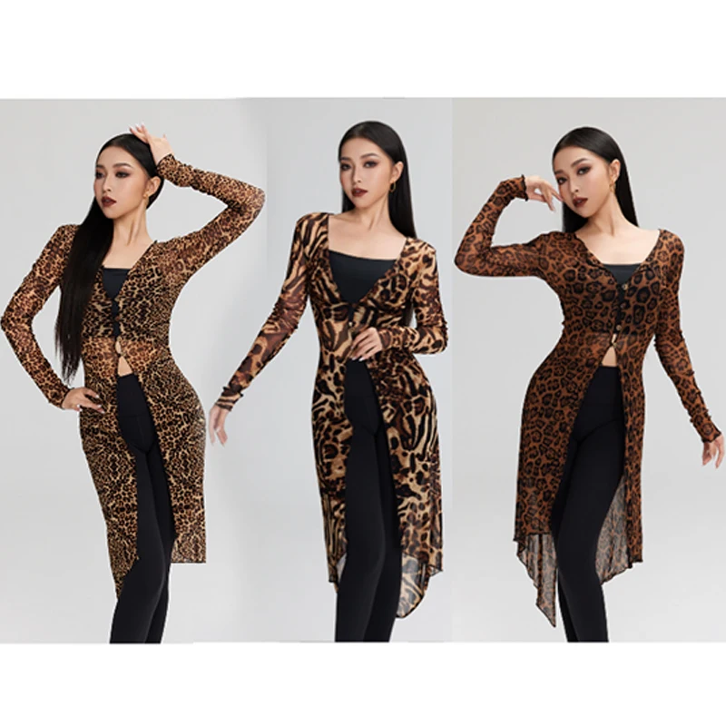 

Женский кардиган с длинными рукавами, нерегулярное платье для взрослых, румба, тренировочная одежда для бальных танцев, леопардовое сетчатое пальто для латинских танцев