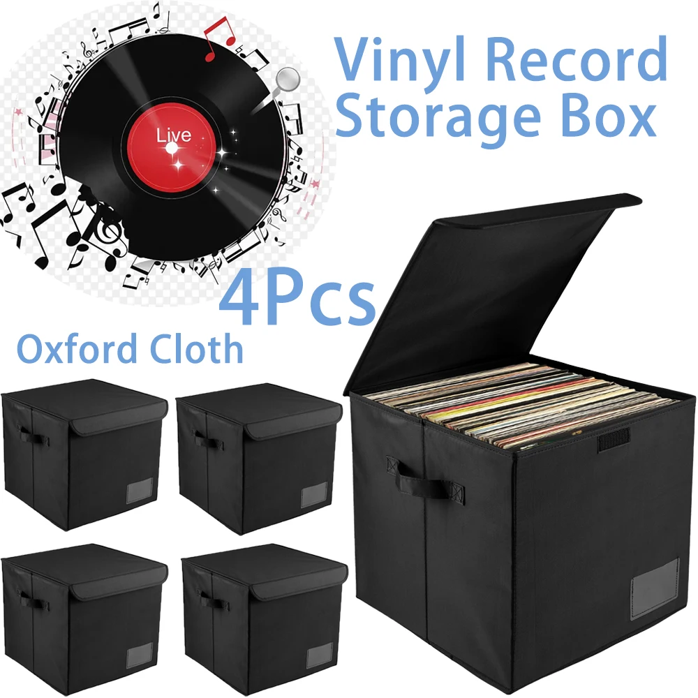 4 Pcs Vinyl Record Storage Box LP Album Crate with Lid and Handle Foldable Multi-functional Organizer box for Record Collection