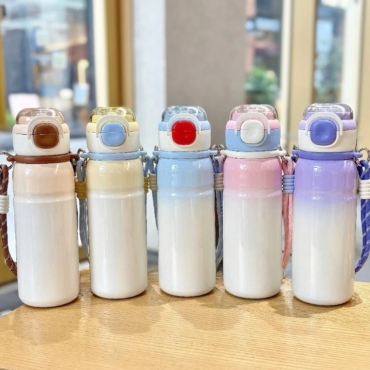 Large Gradient Insulated Water Bottle, Straw & Sip Lid Stainless Steel Tumbler with Strap for Travel/Gym/School