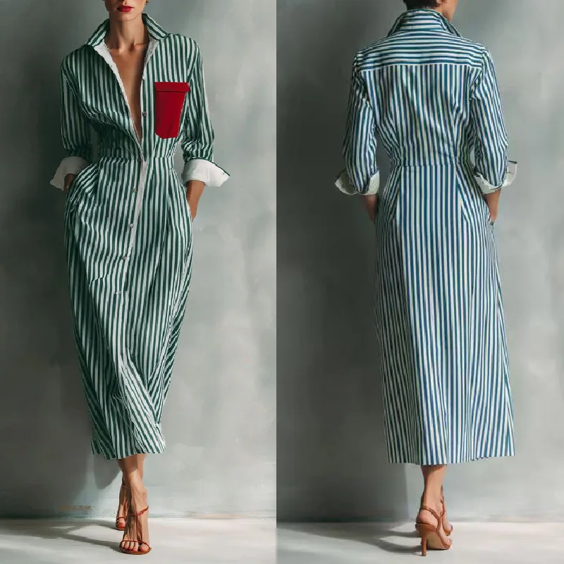 Elegant Striped Print Shirt Dress for Women Casual Turn Down Collar Color Blocking Pocket Long Dresses New Trendy Graceful Robe