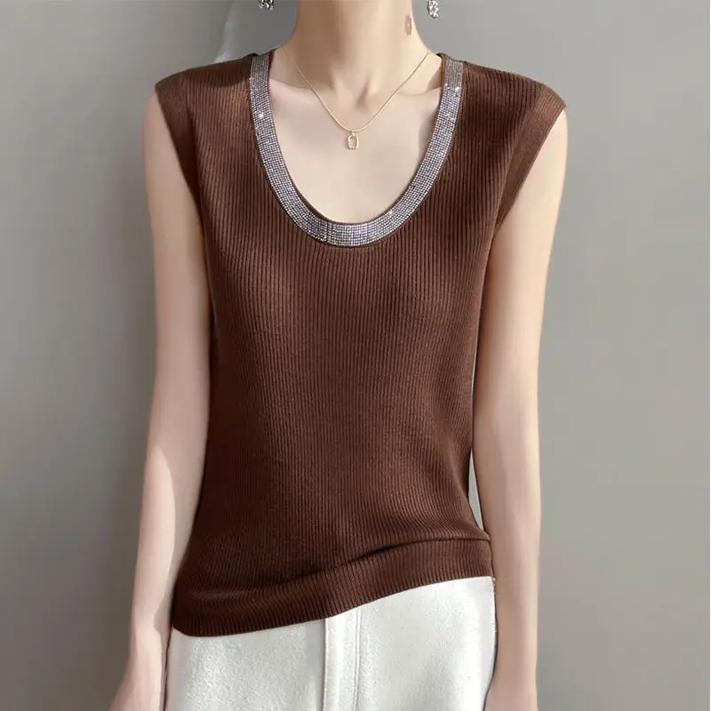 

Women's Clothing Hot Fix Rhinestone Camisole T-shirt Summer Fashion Knit Sexy Tee Lady Versatile Pullover Sleeveless Casual Tops