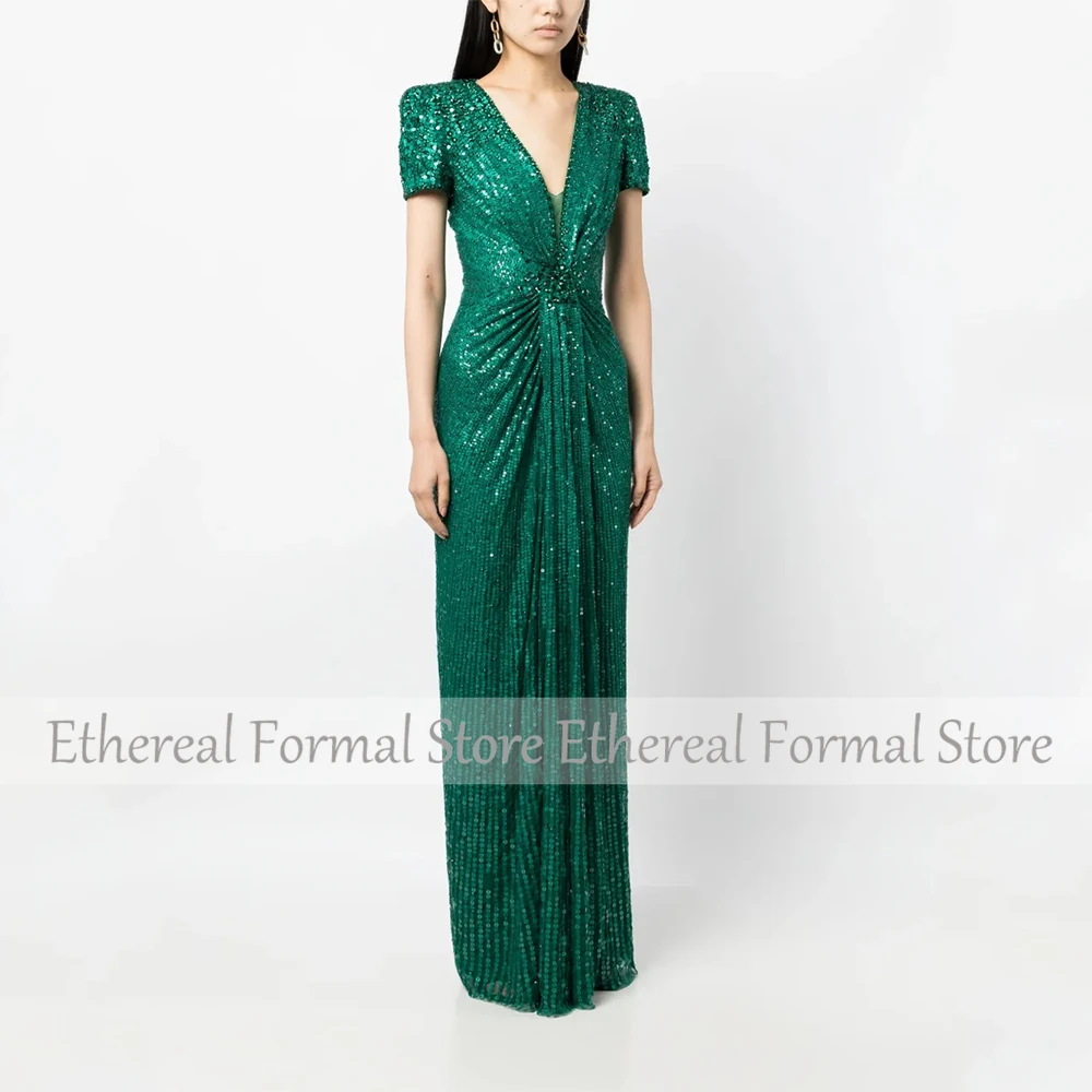 Glitter สีเขียวเลื่อมชุดราตรี Sheath แขนสั้นชุดราตรี V คอ Saudi ชุดความยาวชั้นชุดพรรคอย่างเป็นทางการ