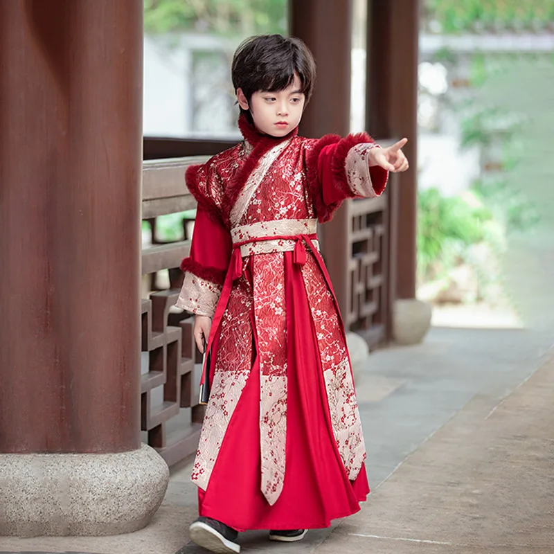 

Hanfu Boys 2023 New Winter Handsome Tang Costume, Chinese Classics And Ancient High End Year's Eve Changfeng Red Winter Style