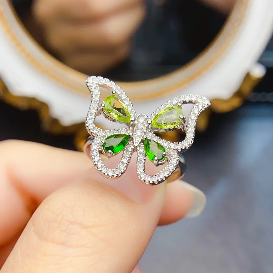 FS Natural Olivine Diopside Butterfly Ring S925 Sterling Silver Fine Fashion Weddings Jewelry for Women Gift MeiBaPJ Certificate