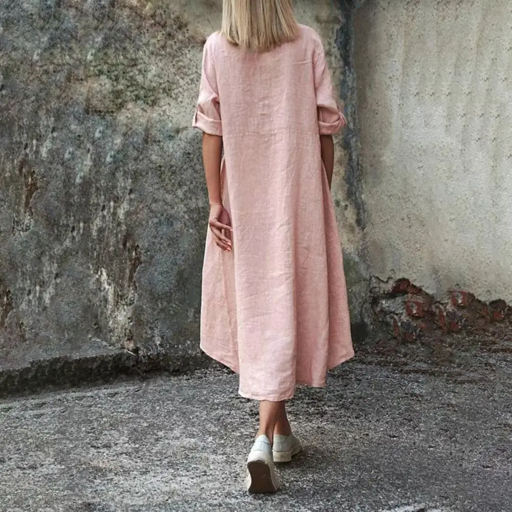 Spring Summer Women Shirt Dress Single-breasted Long Sleeves Irregular Hem Long Dress Solid Color Short Front Long Back Dress