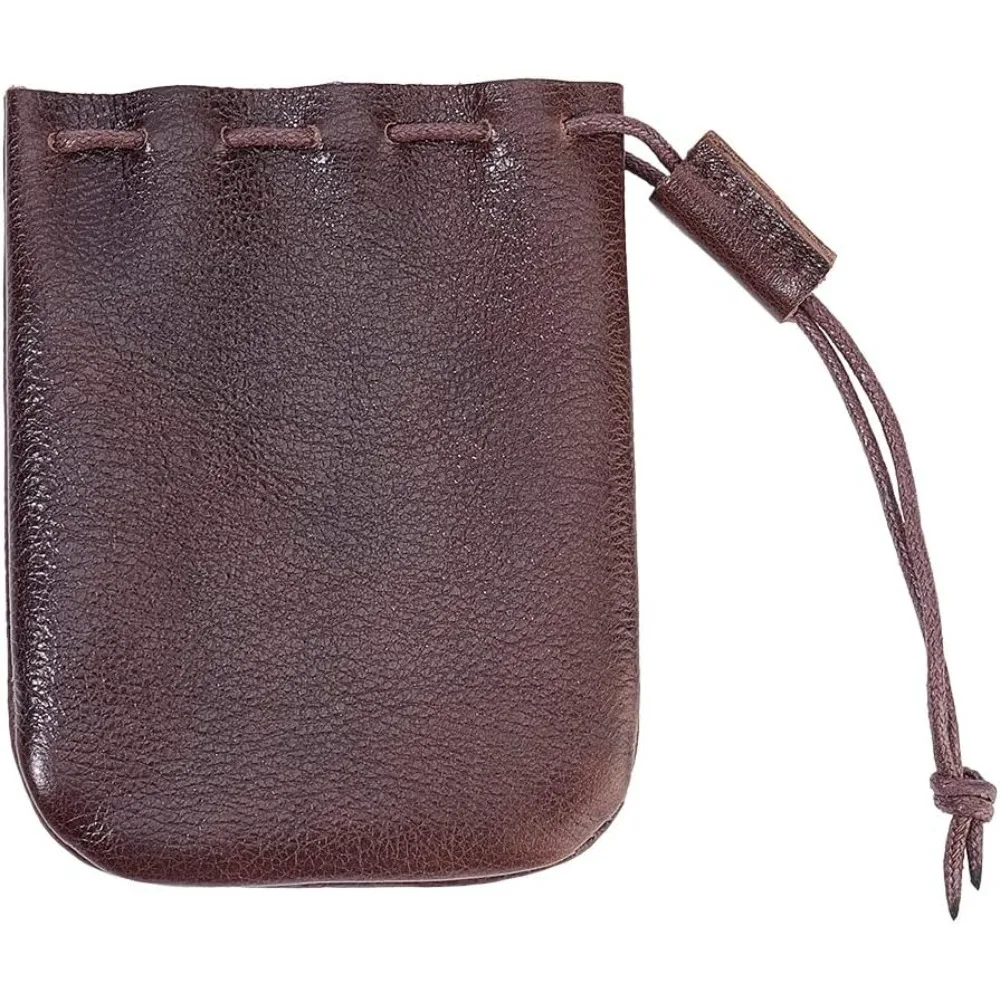 Leather Drawstring Wallets, Coin Leather Drawstring Pouch, Small Storage Bag for Earphone Jewelry Candy, Coconut Brown