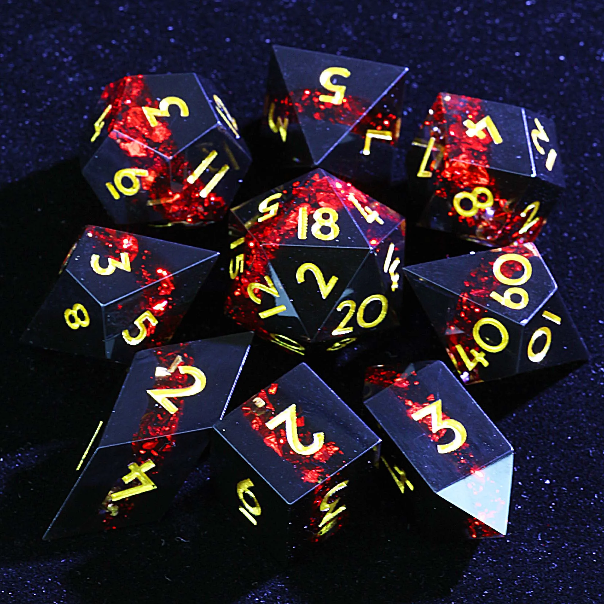 

9 Polyhedral Resin Sets DnD Dice Red Gold Foil Layering