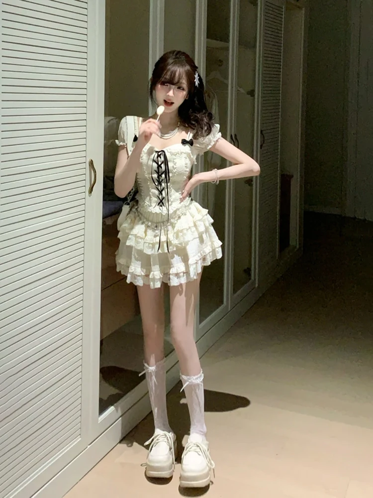 XZY Chic Ballet Sle Puffy Skirt Set for Plump Women Summer High Waist Tie Belt Top And ort Skirt Two-Piece Women's Outfit