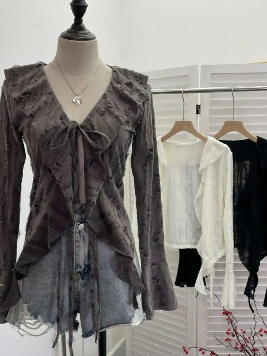 

K Sle Изношенный длинный открытый кардиган-топ све с поясом и воротником с кружевной отделкой от солнца irt Расклешенный полиэстер Sve