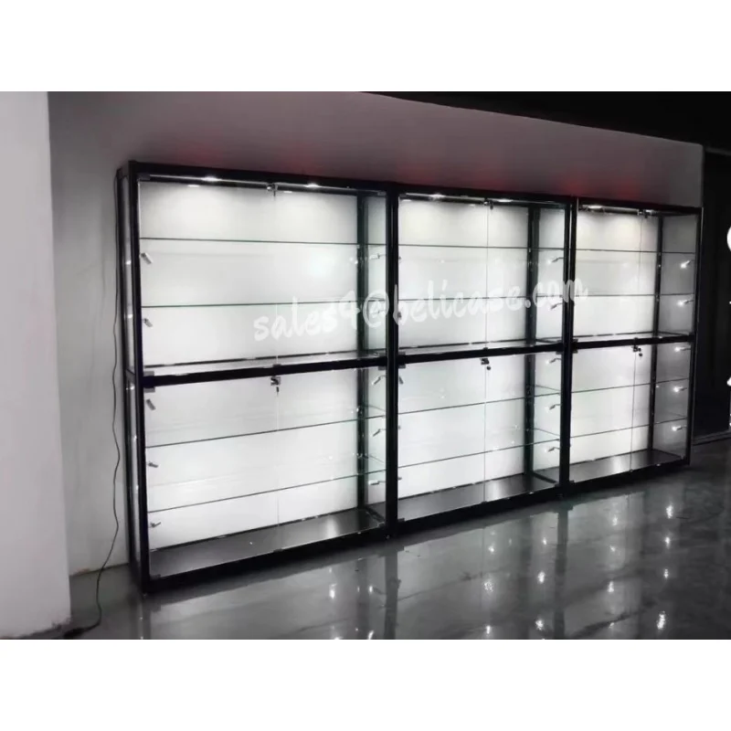 (Personalizzato) vetrina in vetro FullWall vetrina con ripiani in vetro rimovibili con illuminazione a Led Smoke Shop