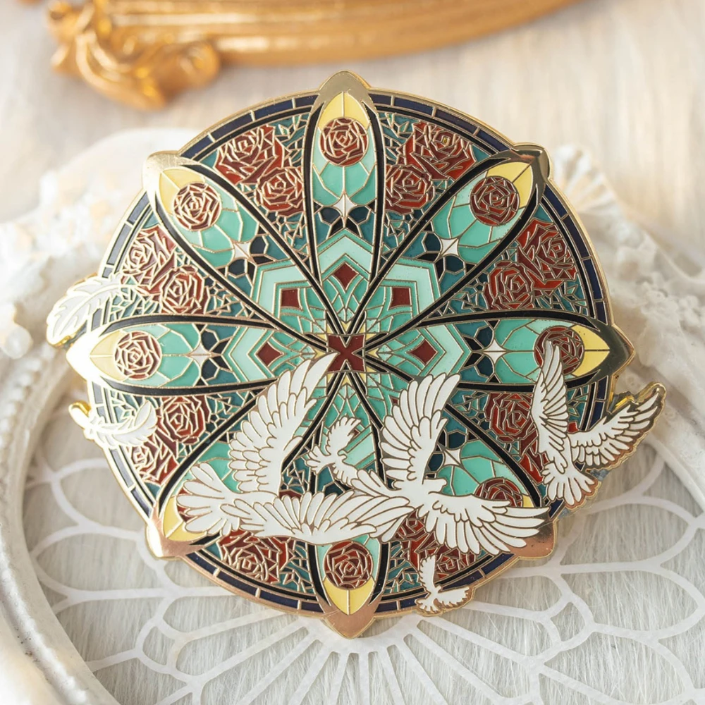 Church Stained Glass Style Mandala Rose White Pigeon Enamel Badge Sacred Peace Style Decoration Crafts Gift for Men and Women