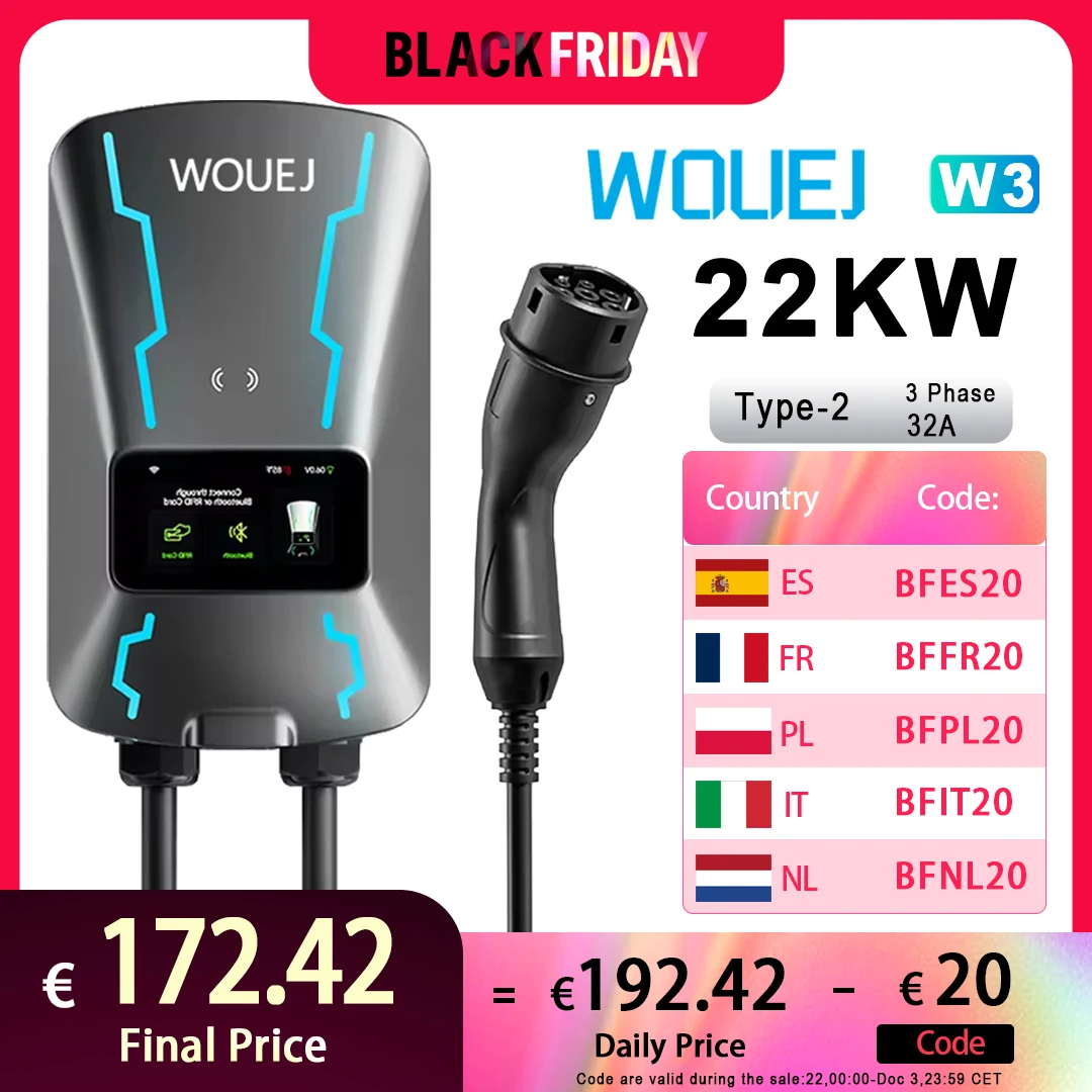 WOUEJ-estación de carga EV W3 tipo 2, cargador de vehículo eléctrico trifásico, aplicación Wallbox, Control de voz, tarjeta RFID, pantalla LCD, 22kW, 32a