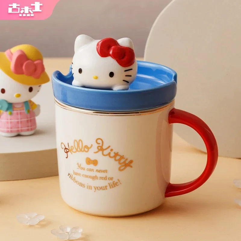 Für Sanrio 320 ml Keramikbecher Home Frühstück Milch Hafer Becher Kaffeetasse Cartoon My Melody Wasserbecher mit Hello Kitty 3D-Puppendeckel