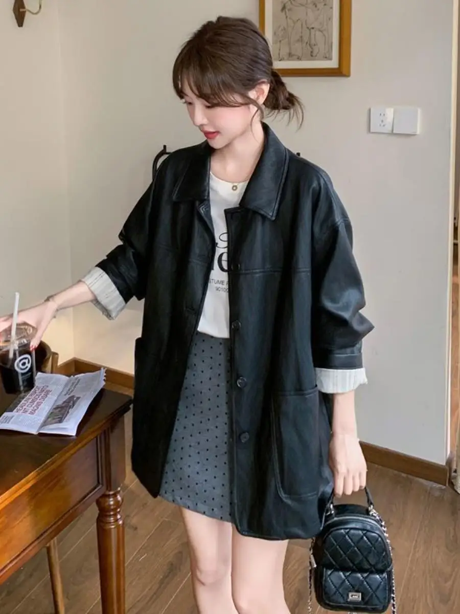 korean-sle-striped-splicing-bla-pu-leather-jaet-women's-new-autumn-faion-sensation-clothing-collar-pin-busin-sle