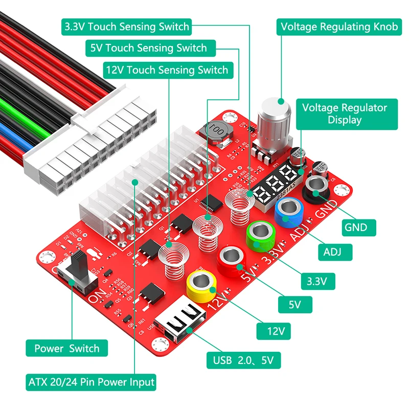Divisor de fuente de alimentación ATX de 24 Pines, Kit de caja acrílica, perilla de voltaje ADJ, interruptor de Sensor táctil, módulo de alimentación, adaptador de placa de ruptura, nuevo