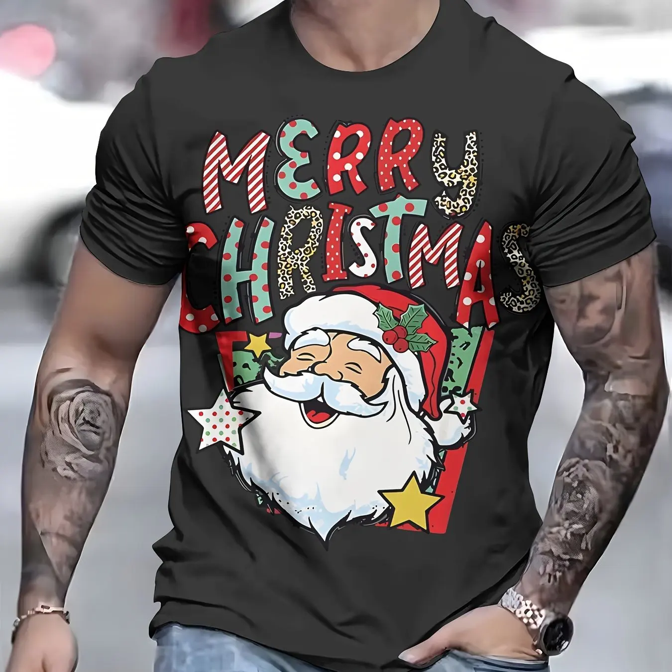 Casual Christmas Men's Short-Sleeve T-Shirt, Santa Claus Head Print Crew Neck T-Shirt Stylish Holiday Party Top 2026 New Arrival