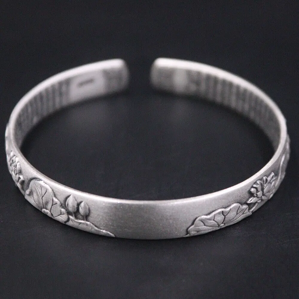 

Solid 999 Fine Silver Lotus And Buddhist Heart Sutra Cuff Bangle Dia.2.36inch