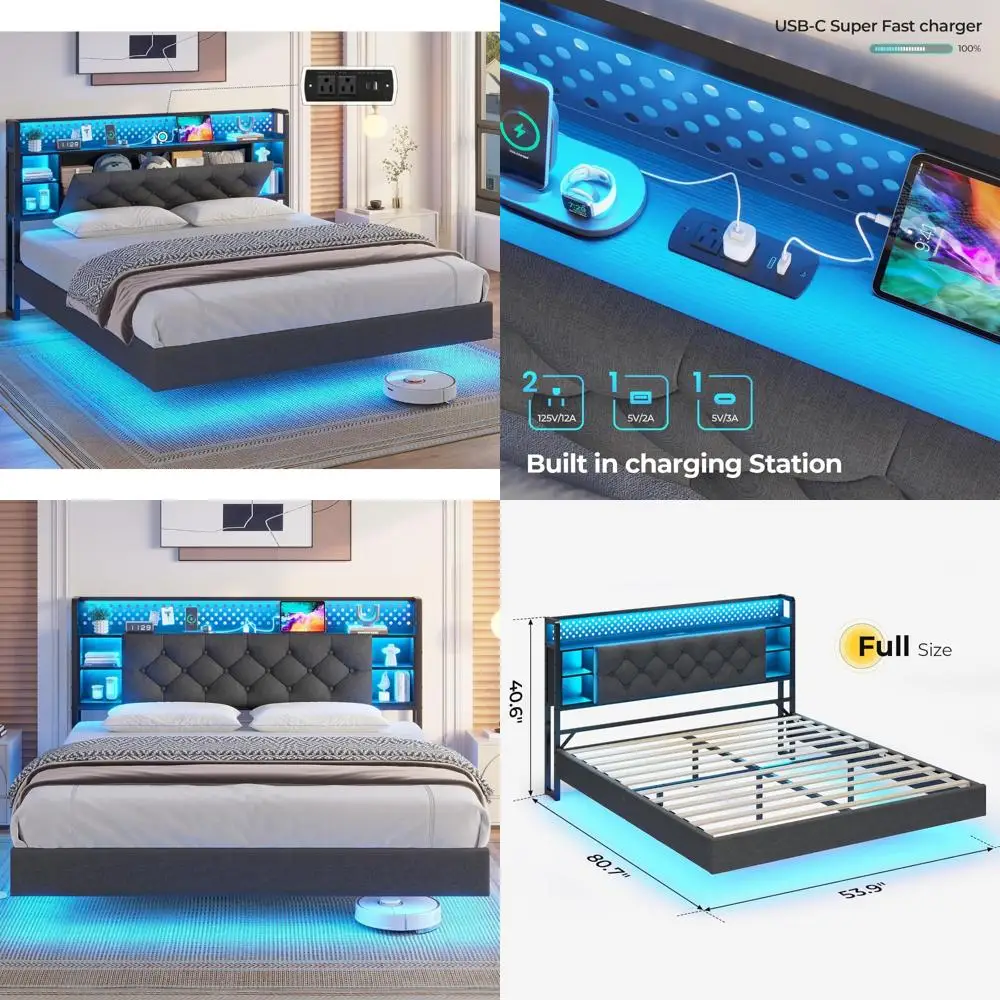 إطار سرير عائم LED بالحجم الكامل مع لوح أمامي للتخزين وميزات الشحن