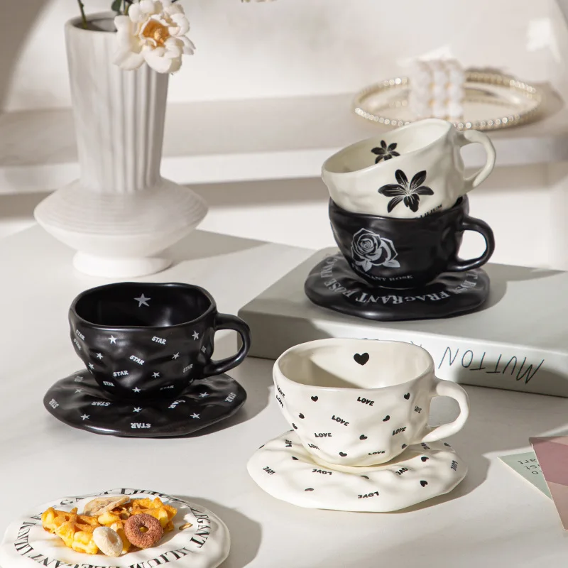 

European Retro Ceramic Coffee & Saucer Set, Floral or Heart Pattern Couple Cups, For Coffee Milk Breakfast, Romantic Home Gift