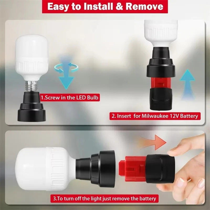 12W Work Light E27 LED Bulb For Milwaukee M12 12V Li-ion Battery, 1300LM Emergency Camping Portable Flashlight