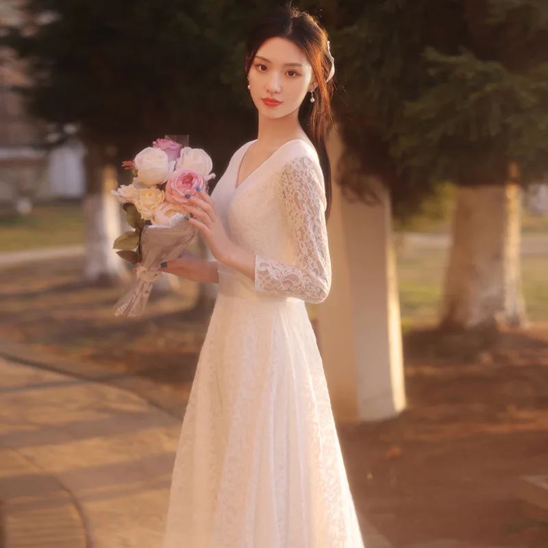 Light Wedding Dresses Daily Travel Photography License Dress Super Fairy Autumn and Winter Simple Lace Dress for Women 2024