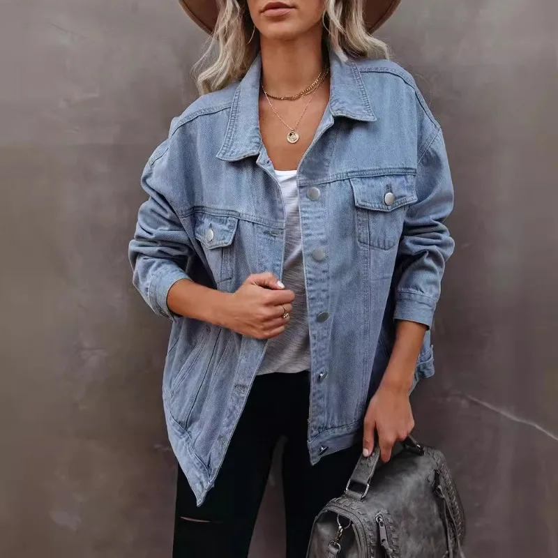 2024 Autumn Winter New Women's Closing Solid Color Denim Casual Lapel Single Breasted Long Sleeve Jacket Coat