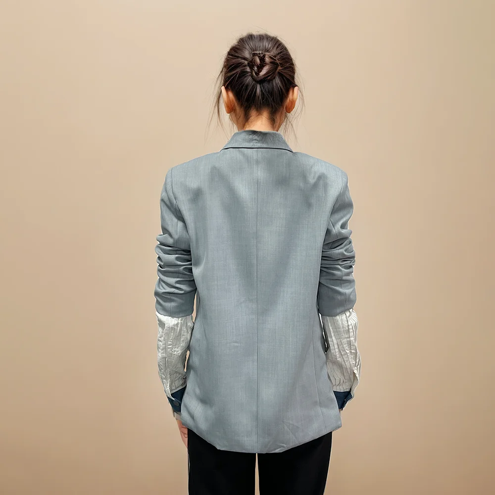TWOTWINSTYLE Giacca da donna firmata Colorblock con tasca impiombata per donna Colletto dentellato Manica lunga Patchwork Denim Chic Blazer Donna