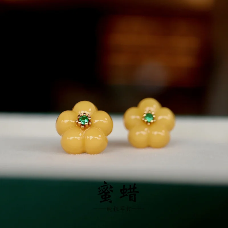 

Natural Full Body 925 Silver Small Flower Beeswax Earrings Jewelry Old