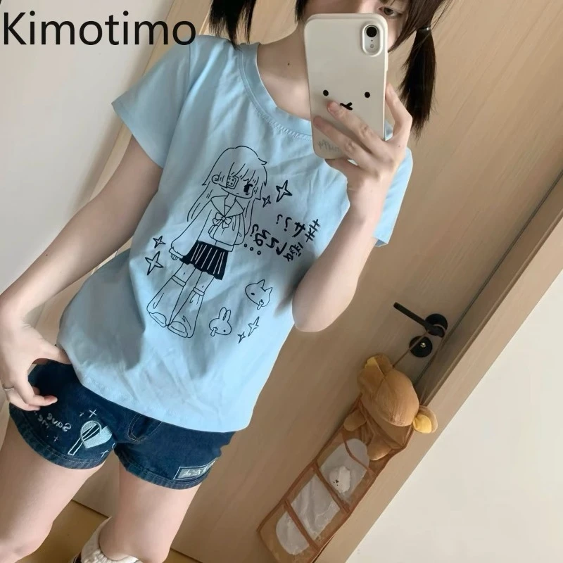 Kimotimo Japanese Cute Anime Cartoon Print T-shirt Women 2026 Summer Casual O-neck Short Sleeve Tops Sweet Preppy Style Y2k Tees