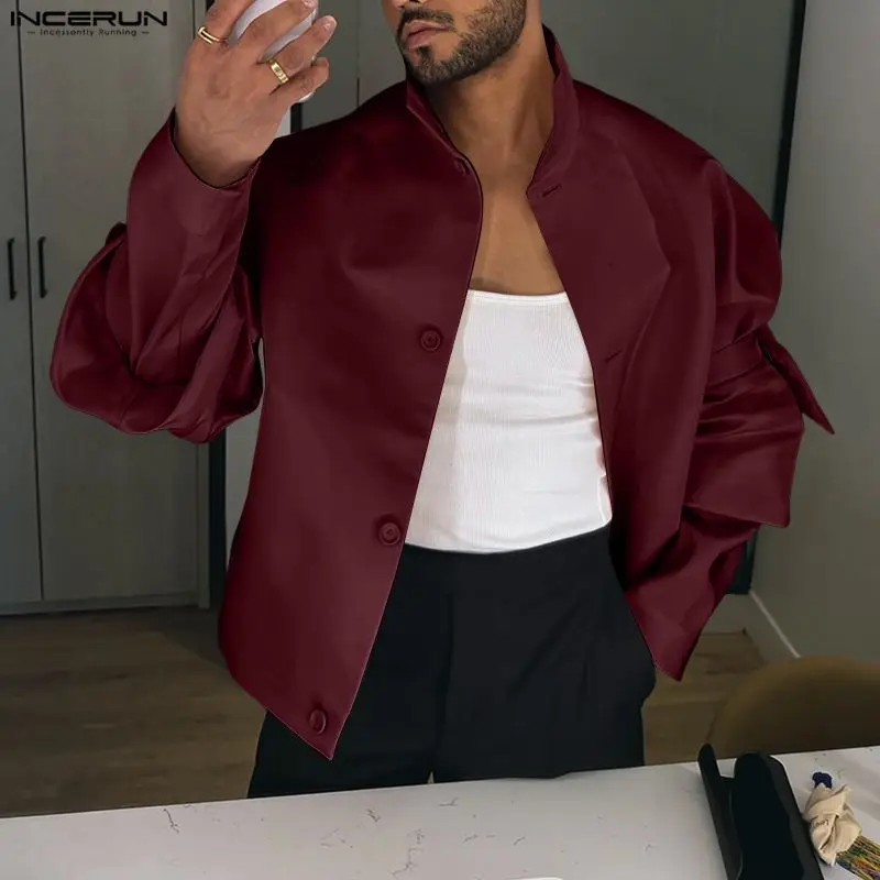 

Мужская рубашка INCERUN, однотонная, с воротником-стойкой, длинным рукавом, с бантом, уличная одежда, весна 2026, модная повседневная мужская одежда