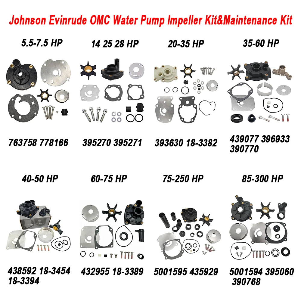 Johnson Evinrude OMC Water Pump Impeller Kit Maintenance Kit for 5.5 6 7.5 14 25 28 35 40 60 75 200 225 250 300HP Boat Outboard