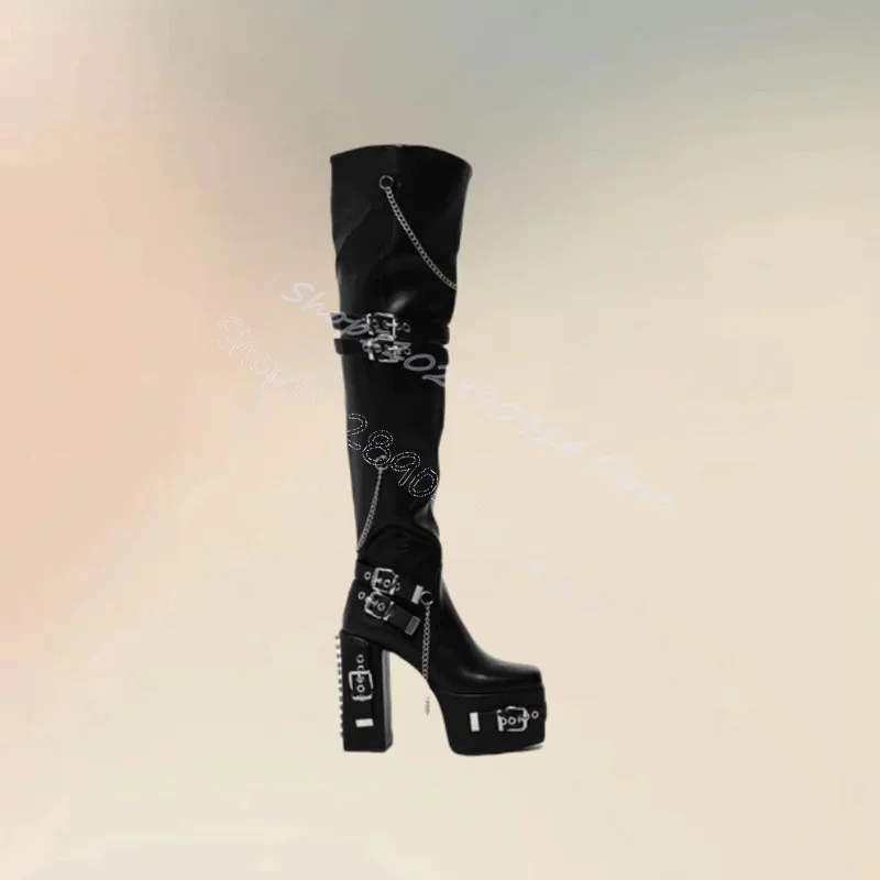 

Metal Buckle Chain Decor Black Thick Bottom Boots Side Zipper Women Shoes Chunky High Heels Sexy Party 2025 Zapatos Para Mujere