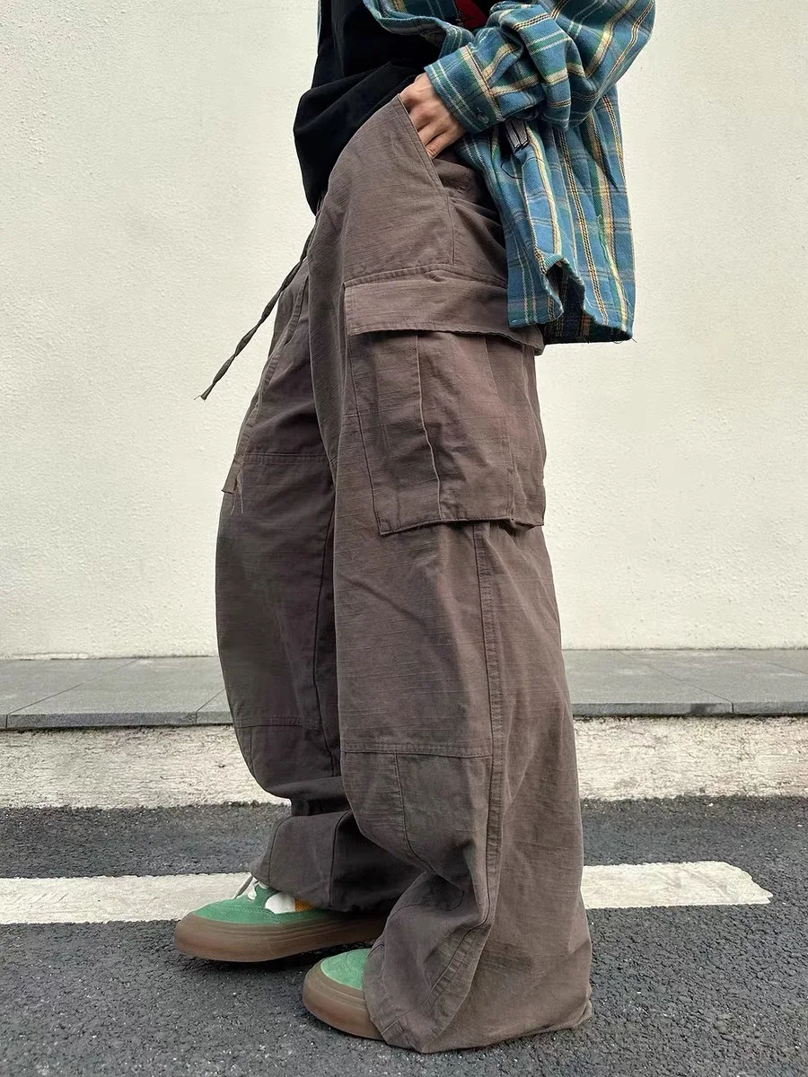 

Retro Japanese Loose Men's Wide Leg Pants Multiple kets Casual Workwear Trousers Elastic Waist Straight Tube Summer