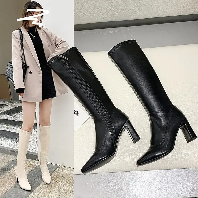 

Ladies Leather Woman Boots Square Heel Knee-High Classic Pointed Toe PU Leather Zip Boots Party Dress Dance Shoes