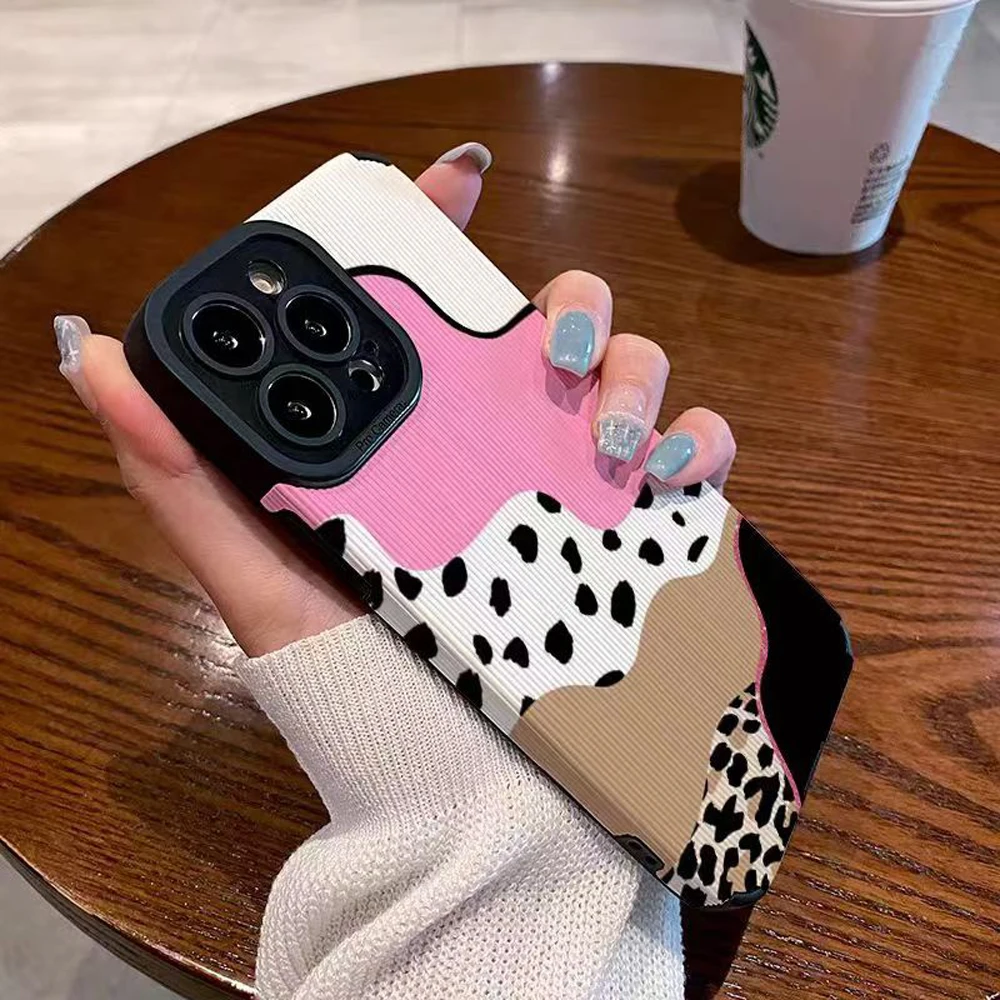 Fashion Leopard Cow Joint Silicone Case For iPhone 11 12 13 Mini 15 16 Pro Max 7 8 14 Plus X XS XR Leather Shockproof Full Cover