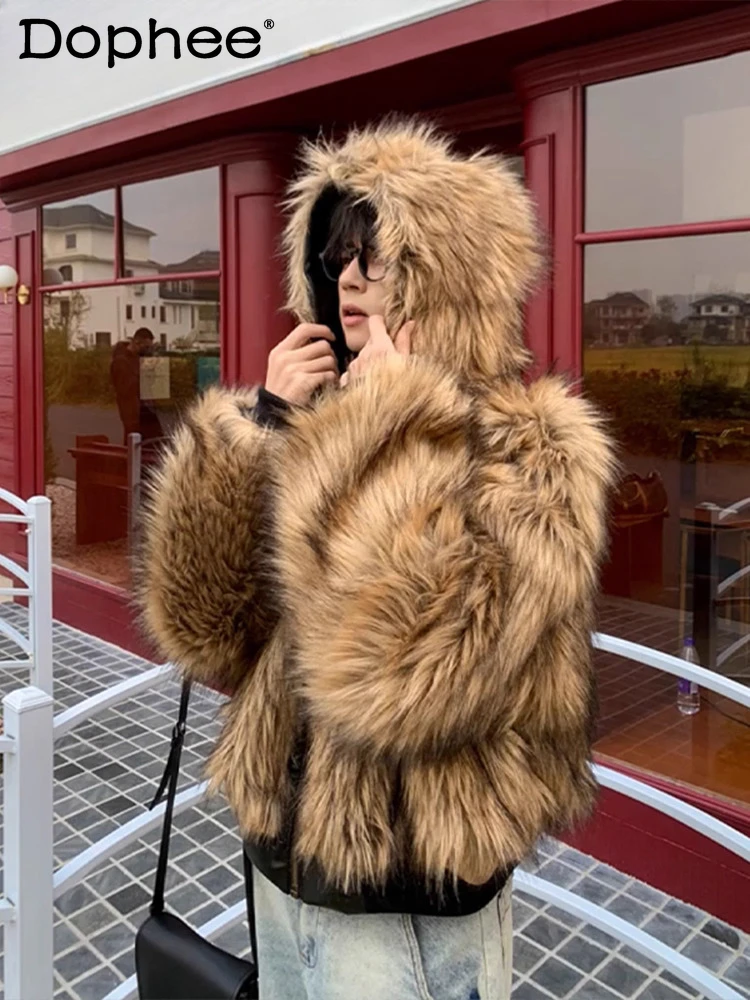 

Модные двусторонние пальто из искусственного меха для мужчин, зима 2025, новая утепленная флисовая подкладка, модная короткая куртка с капюшоном из искусственной кожи, парки