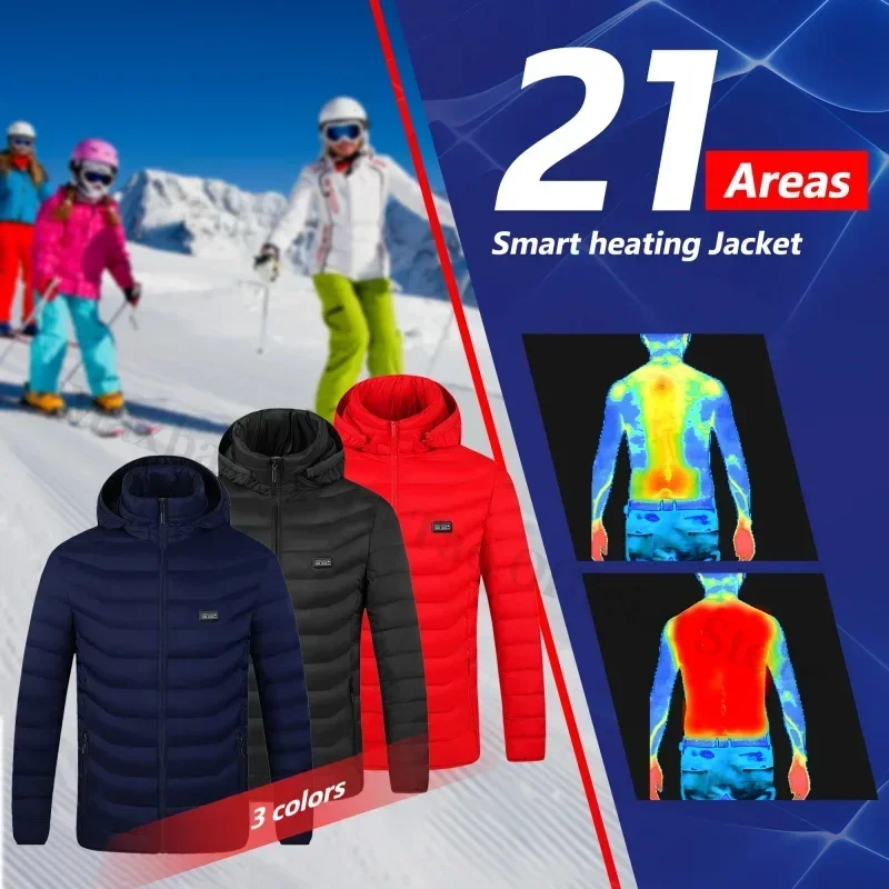 21 Areas Heated Jacket Men's USB Electric Smart Hooded Coat Self-heating Clothes Men Casual Ski Cold-proof Thermal Padded Jacket