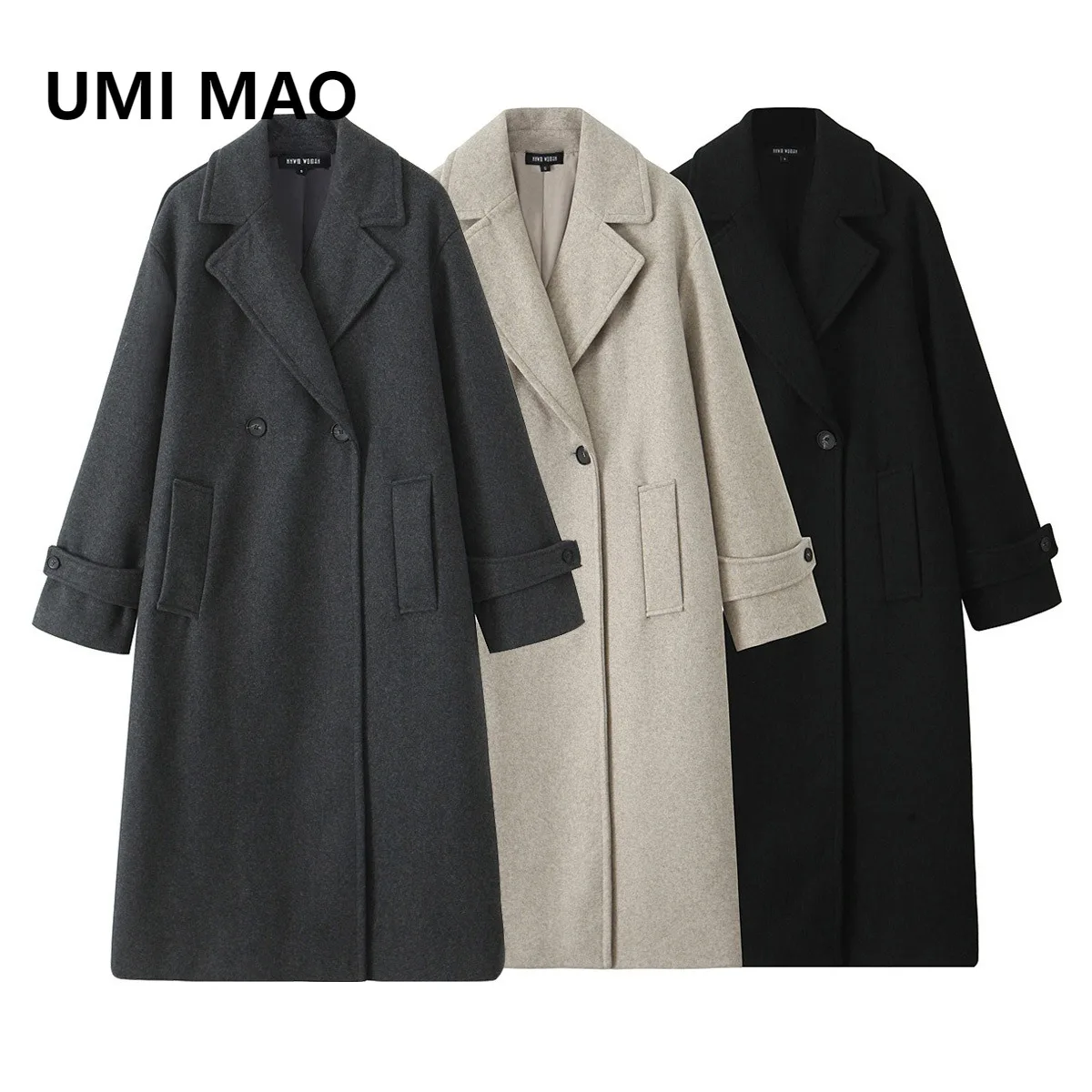 

UMI MAO женское утолщенное мягкое свободное шерстяное пальто средней длины с отложным воротником, осенне-зимнее новое стильное пальто