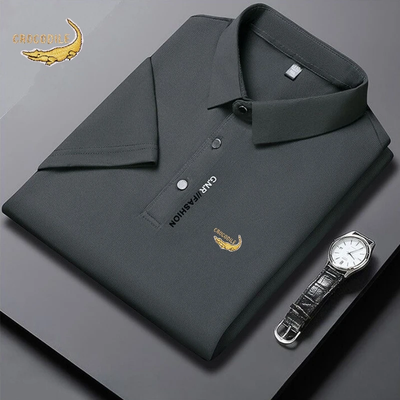 Summer New Silk Short Sleeved Polo Shirt, Men\'s High-end Luxury Fashion, Casual, Smooth, Comfortable Breathable T-shirt Top