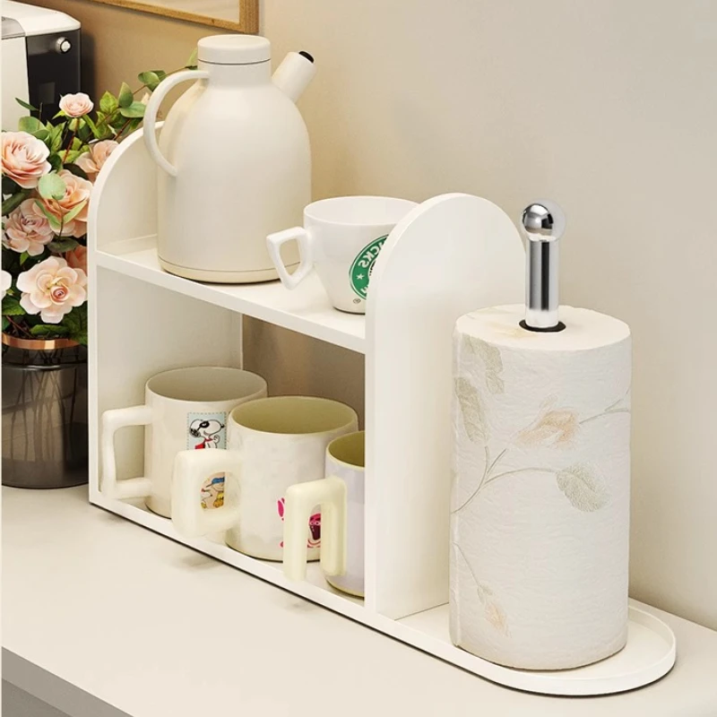 Kitchen Organizer with Paper Towel Holder Countertop Spice Rack Multi-layer Mug Storage Holders All-in-One Space Saving Storage
