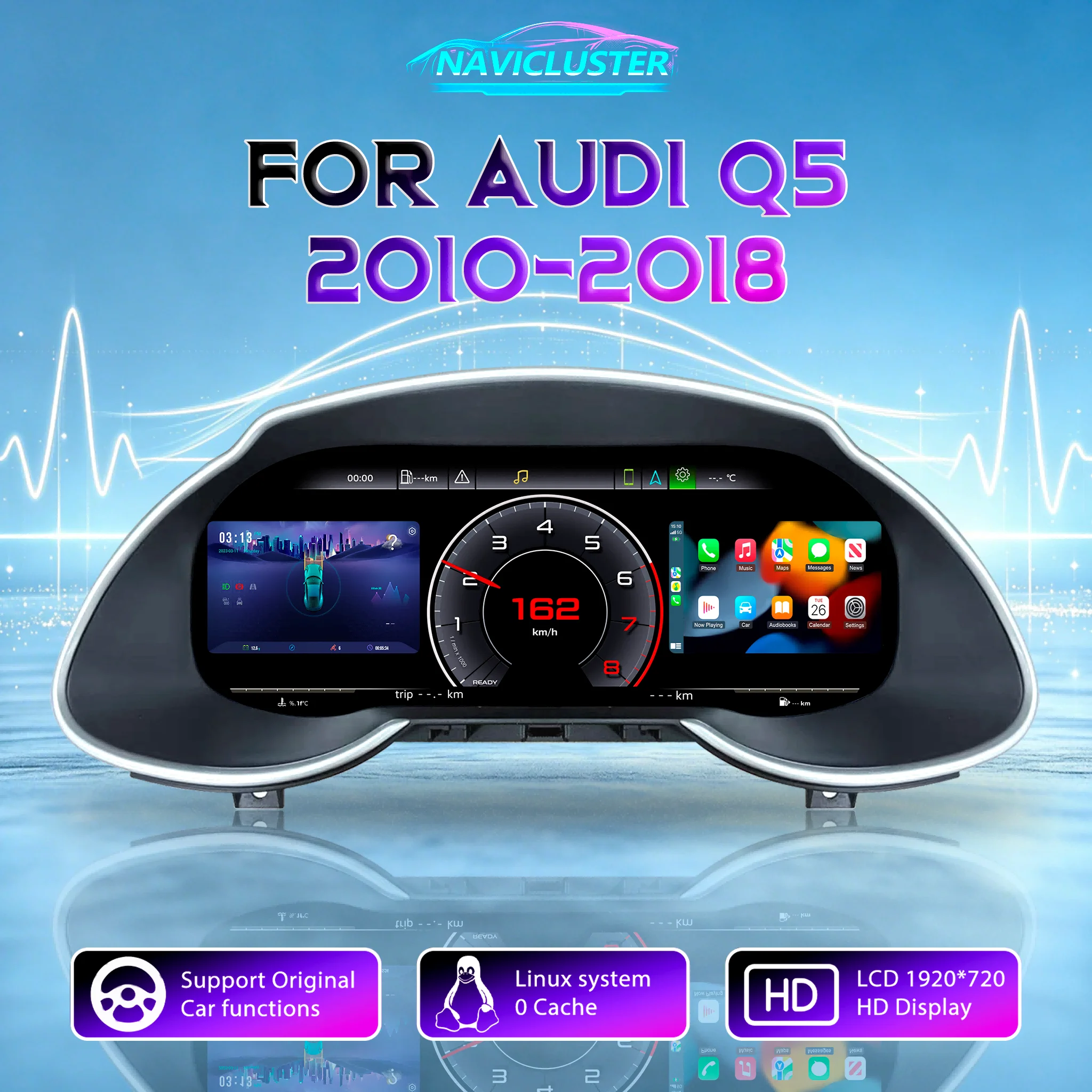 HD-Bildschirm 1920*720 Tachometer Virtuelles Cockpit-Instrument Linux 12,3'' LCD Digitales Kombiinstrument für Audi Q5 Baujahre 2010-2018 Armaturenbrett