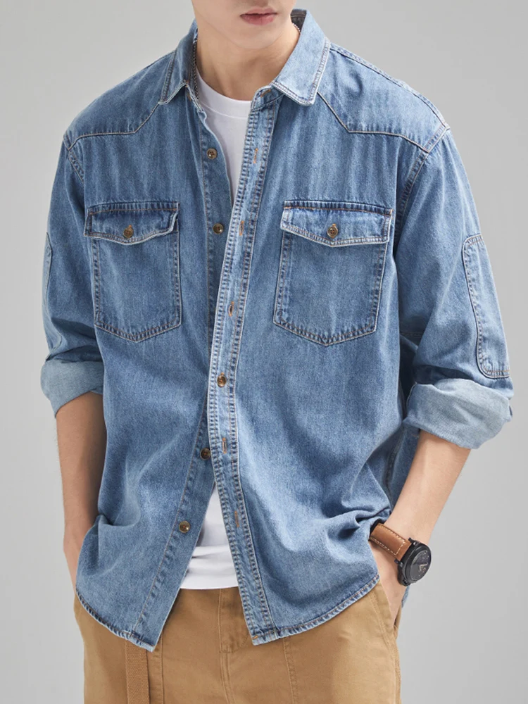 2024 New Denim Cotton Men's Shirt Long Sleeve Black Blue Drop Shoulder Button Pockets Cowboy Loose Casual Work Jeans Shirts